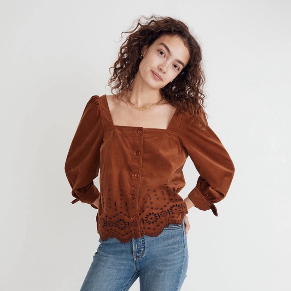 Madewell Embroidered Eyelet Corduroy Tie-Sleeve Top Size Medium Western Boho - Picture 2 of 11